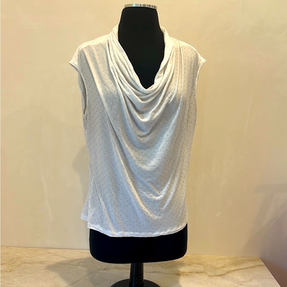 Michael Kors White Pearl Dot Cowl Neck Sleeveless Blouse XL Chic Elegant Designe